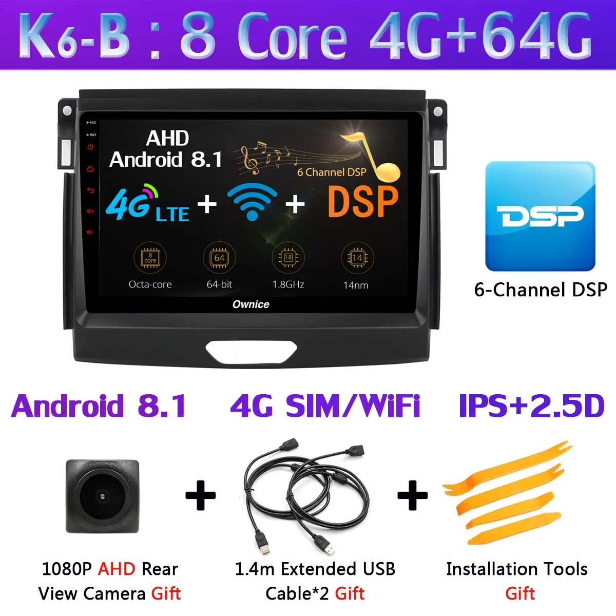 K6-B Панорамная камера 360 ° 4G LTE WiFi 8 ядерный Android 9,0 4G+ 64G SPDIF DSP CarPlay Автомобильный плеер для Ford Ranger- gps радио - Цвет: K6-B