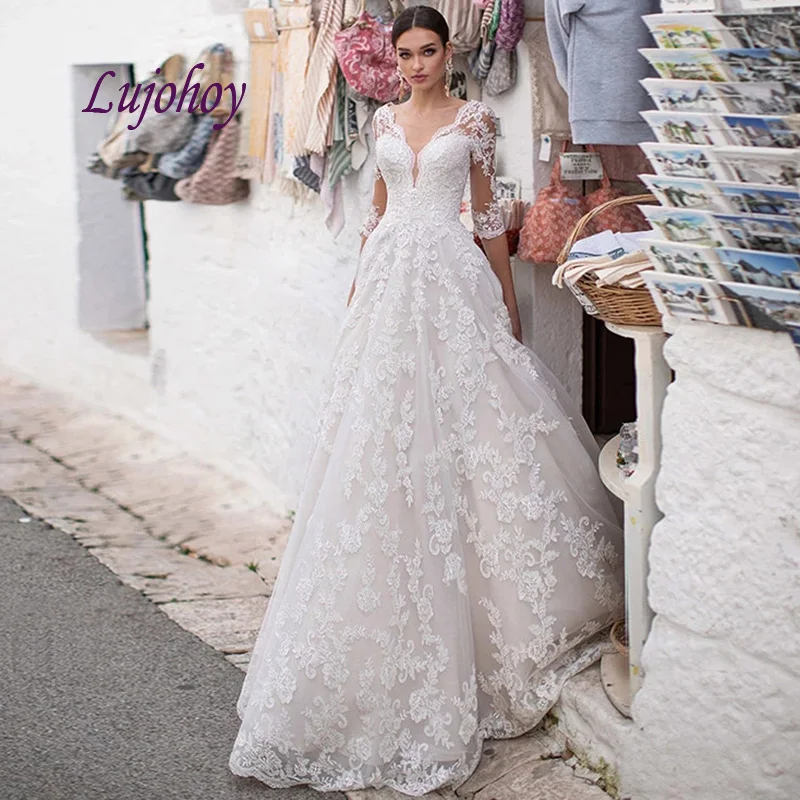 

Elegant Long Sleeve Lace Wedding Dresses Plus Size Sexy White Ivory A Line African Women Girl Weeding Bridal Bride Gown
