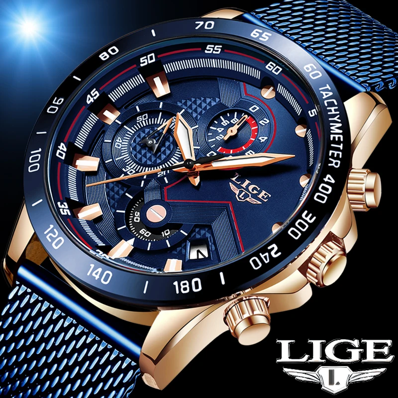 

Relogio Masculino 2020 Watch Men New LIGE Blue Casual Mesh Belt Fashion Mens Watches Top Brand Luxury Military Waterproof Clock