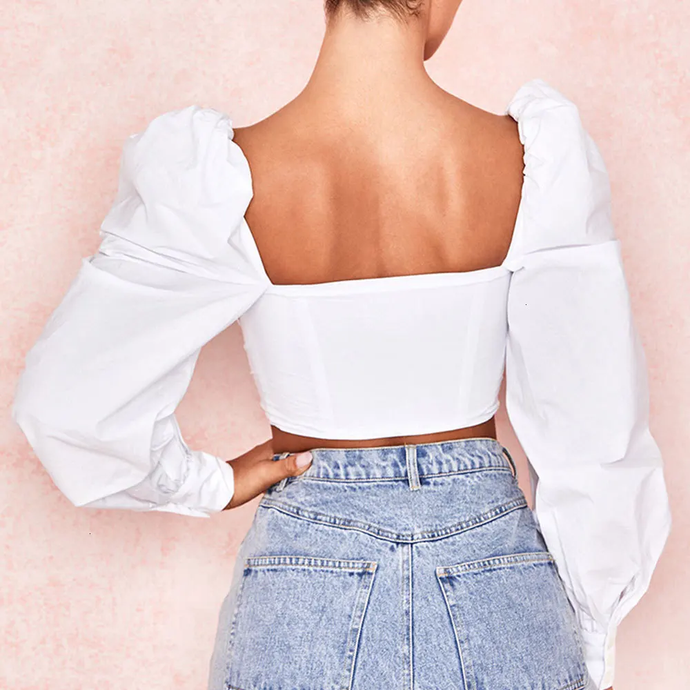 Jocoo Jolee Women Autumn Sexy Cross Criss Lace UP White Cropped Tops Puff Sleeve Hollow Out Blouse Elegant Backless Shirts 2019 Женская