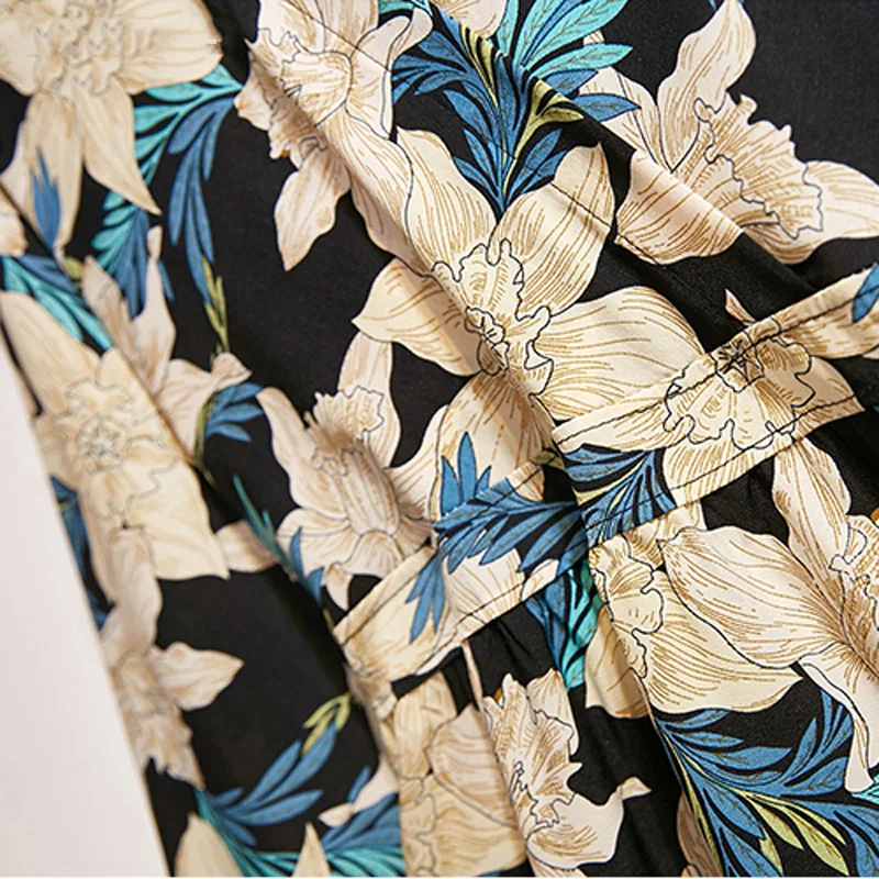 

A-line Multicolor Elastic Waist Flower Print Women Dress 2020 Autumn V Neck Fit and Flare Female Maxi Dress Vestidos 200