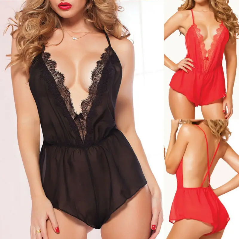 Women Black Red Sleepwear Nightwear Lingerie Dress Babydoll Lace Sexy Backless Sleeveless One Piece Pajamas |