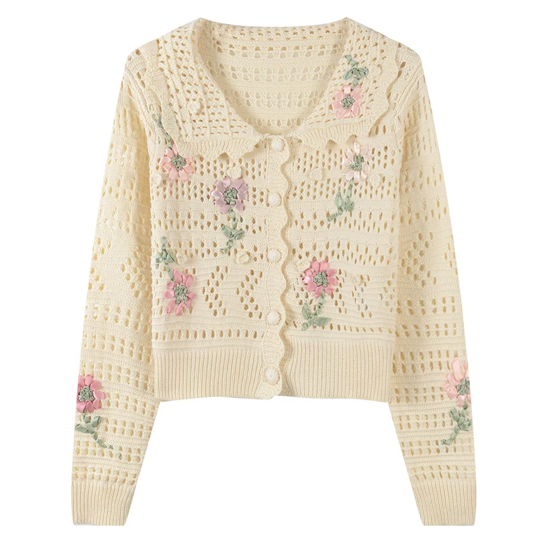 

Модный кардиган с цветочной вышивкой, свитер для женщин, однобортный женский короткий свитер, вязаный укороченный Топ для женщин