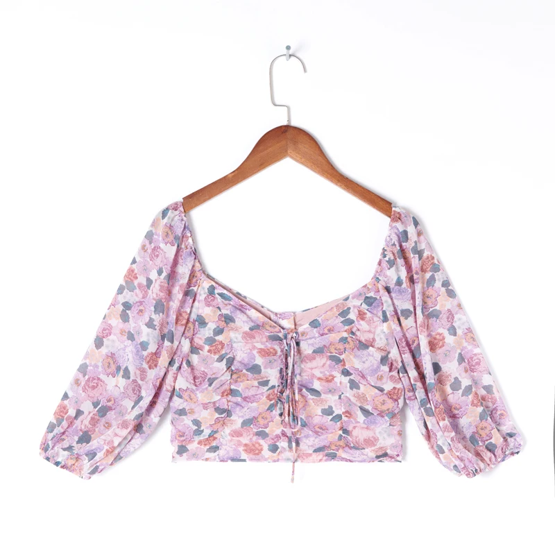 

2021 Spring Summer Sexy Pleated Cropped Crop Top Women's Casual Flower Print Bow Decoration Pleated Short Shirt