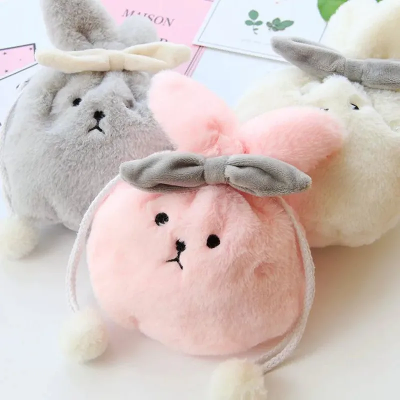 

1 Pcs Plush Keychain Useful Cartoon Sweet Rabbit Storage Bag Drawstring Pocket Bear Ears Bow Drawstring Blindfold Pendant