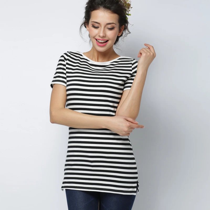 Free shipping Striped Print Women T-shirt 2021 Summer New Fashion Short Sleeve Female Tops Slash Neck Long Slim Ladies Tees | Женская