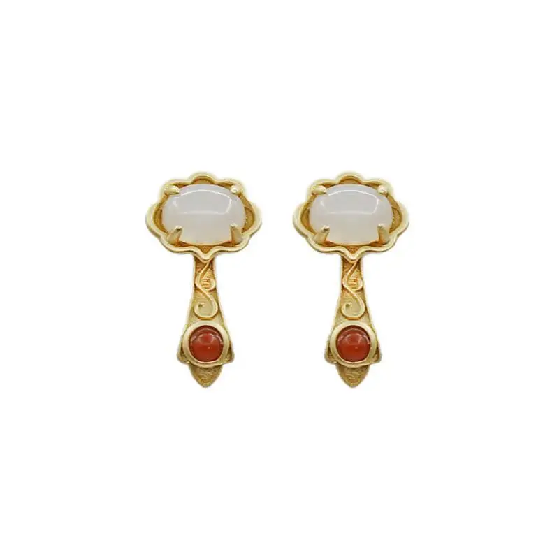 

[Good Luck] Natural Hetian Jade White Jade Ruyi Female Stud Earrings 925 Silver Jade Antique and Ethnic Style Earrings