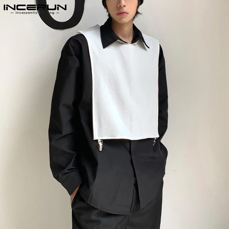 

INCERUN Fashion Men Shirt Korean Streetwear Patchwork Lapel Long Sleeve Casual Tops With Vests Two Pieces 2021 Men Clothing 5XL