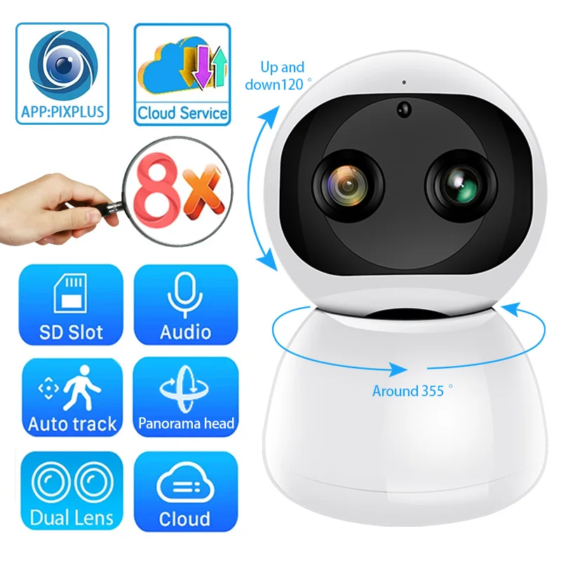 

Dual Lens Home Camera 1080P Indoor WiFi Dome Pan Tilt Binocular Zoom 8MP Camera 3D Digital Noise Reduction CCTV Surveillance