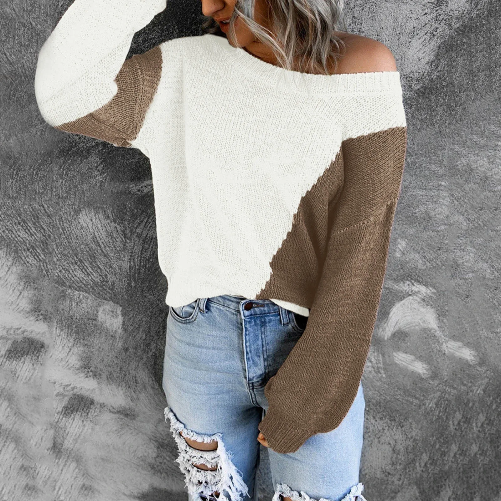 

Womens Casual Patchwork Sweater Autumn Ladies Lantern Sleeve Knit Sweater Long Sleeve Blouse Tops Jumper Pull Femme Pullover New