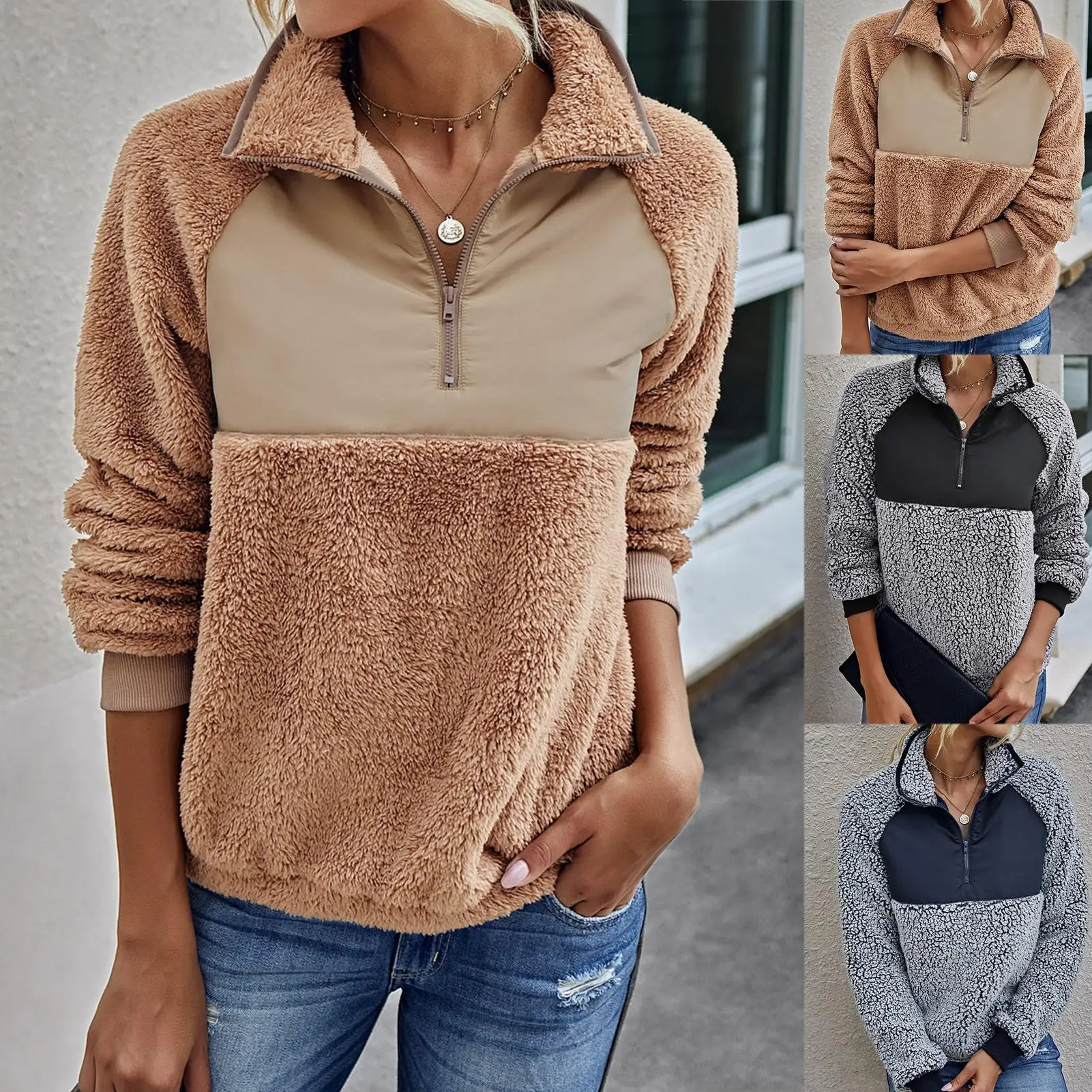 

2020 Women Autumn Winter Patchwork Plush Long Sleeve Pullover Stand Collar Sweatshirt Women Clothing толстовка женская sudaderas