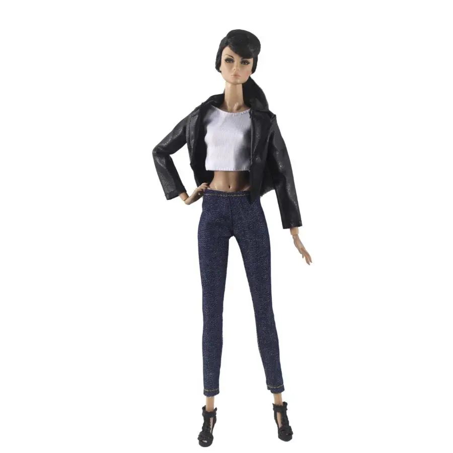 

Fashion 1/6 BJD Clothes Set Black Leather Jacket & White Tank & Jeans Pants For Barbie Doll Outfits Top Denim Trousers Accessory