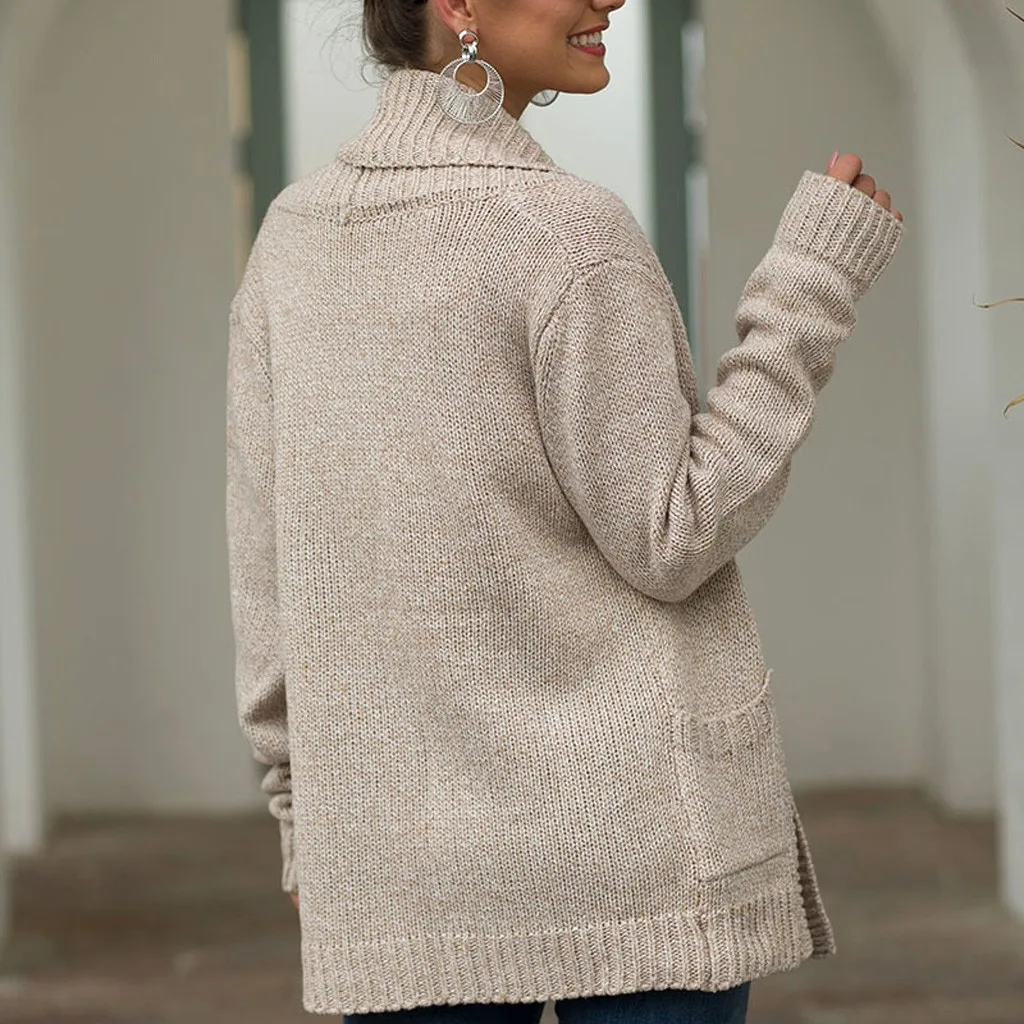 Модный женский однотонный вязаный свитер с длинным рукавом пальто карманами