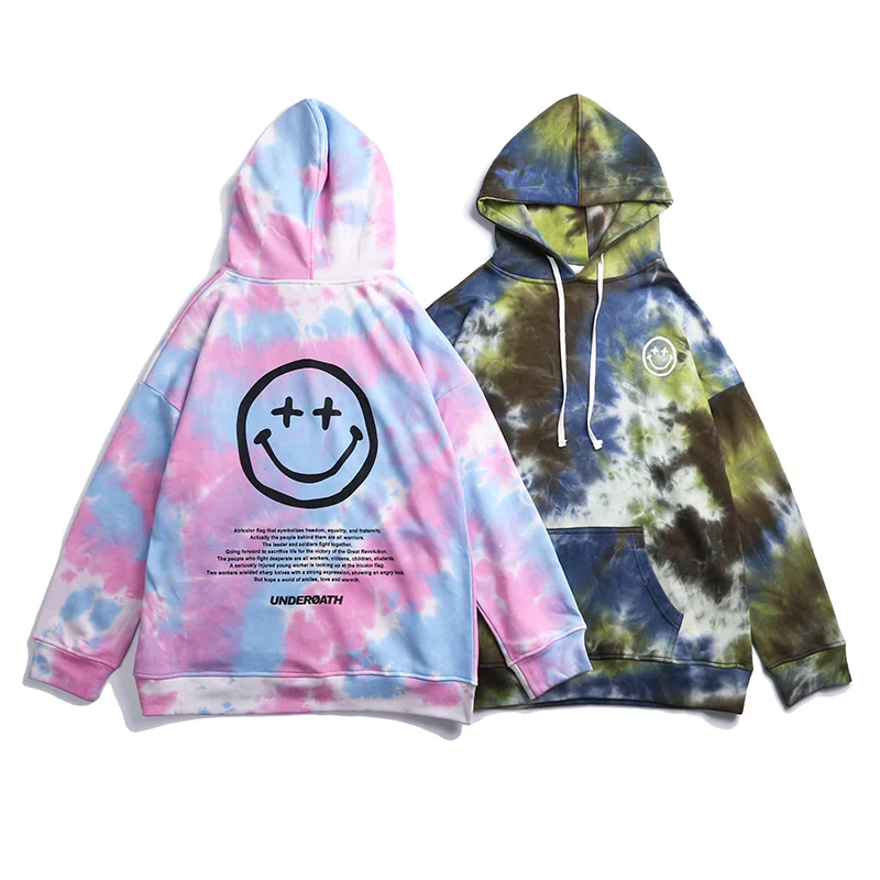 UNCLEDONJM Hip Hop Tie Dye Smiling Face Print Hooded Sweatshirts Hipster Casual Pullover Hoodies Streetwear Men Fashion | Мужская одежда