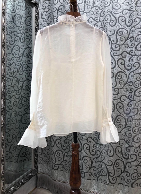 

Fall 2020 fashion new women's ruffled neckline pleated stitching horn long sleeve all-match shirt 1009