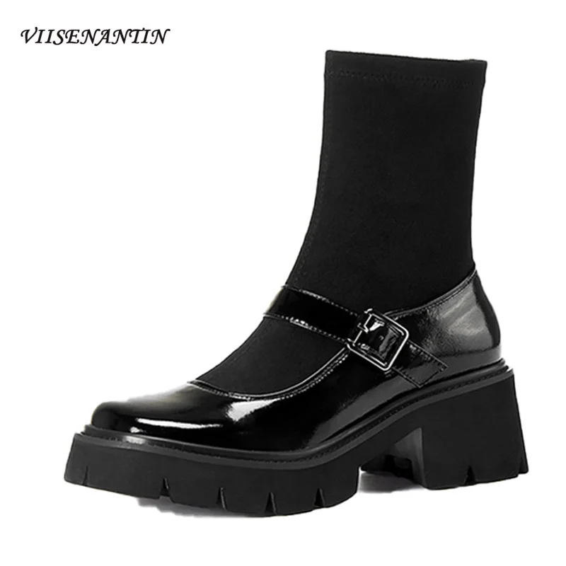 

Ботинки-носки на толстой подошве, зимние новые кожаные эластичные ботильоны на платформе, женские модные ботильоны в британском стиле