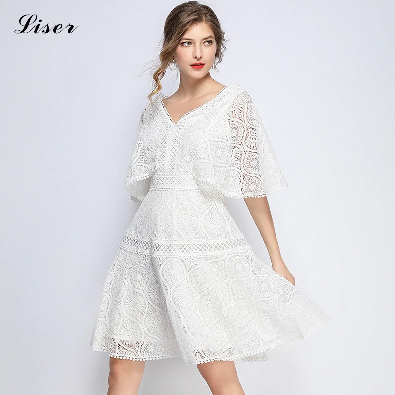 Кружевные платья 2019 высокое качество женское элегантное винтажное белое платье