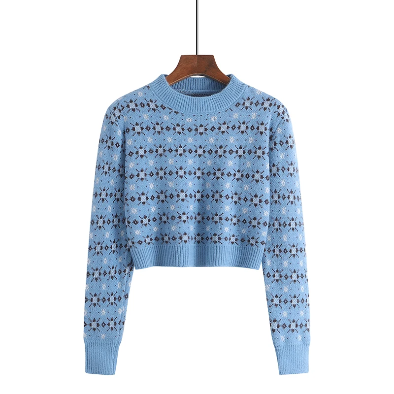 

Женский жаккардовый укороченный свитер с длинным рукавом и круглым вырезом, пуловер с мультяшным принтом, повседневный облегающий трикота...