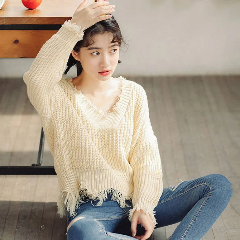 

Женский Осенний Однотонный свитер свободного покроя, элегантное вязаное пальто в Корейском стиле с V-образным вырезом, теплые женские пулов...