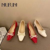 niufuni square toe beige pearl beaded leather slip on womens shoes 2021 red wedding shoes pumps thick mid heels mary jane shoes