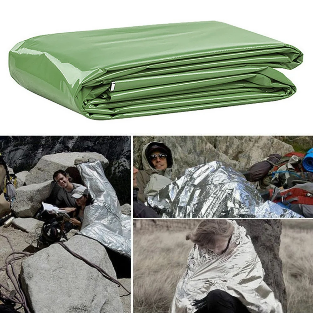 

2pcs Outdoor Adventure Survival Aluminum Film Blanket Insulation Blanket 210cm Green With Outer Bag Marathon Keep Warm Blanket