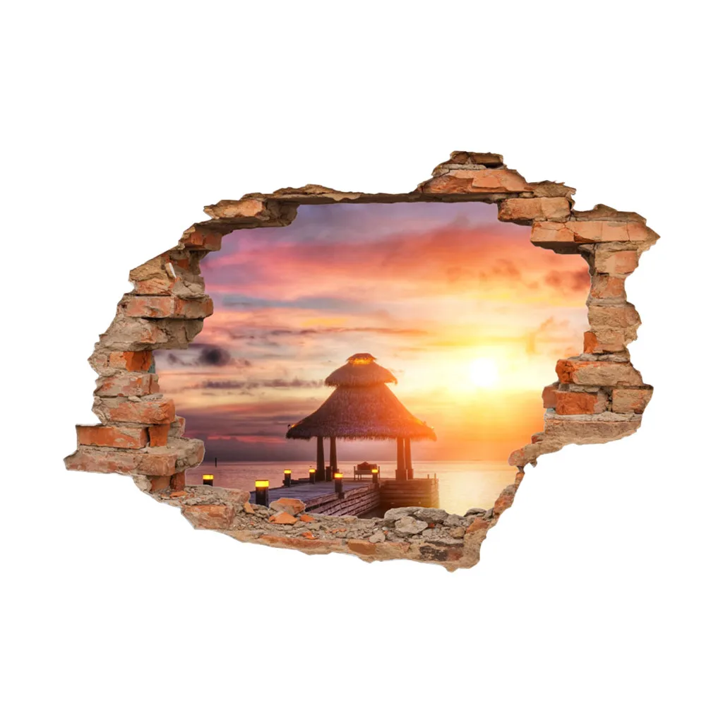 KAKUDER Wall Sticker landscape Ocean Blue Sky 3D Effect Painting Window Hole Home Decals Decor #2 | Дом и сад