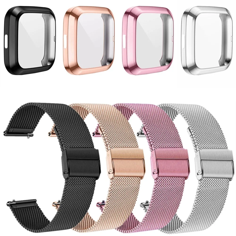 

Защитный чехол с миланским ремешком 2 в 1, Чехол Для Fitbit Versa 2, металлический сетчатый Браслет с петлей, защитная рамка из ТПУ Для Fitbit Versa Lite