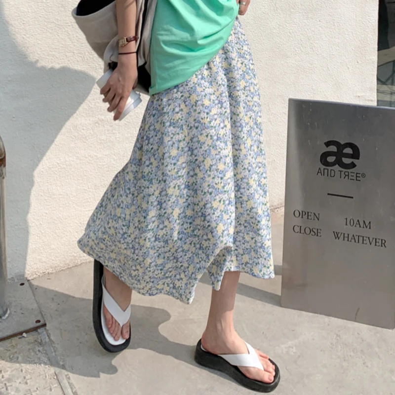 

Floral Print Skirts Womens Vintage Elastic High Waist Midi Skirt Summer New Sweet Ladies Holiday Skirt Saia Faldas