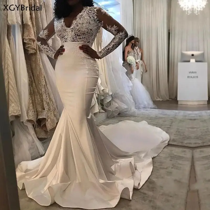 

New Arrival Muslim V Neck Bridal Wedding Dresses Mermaid Long Sleeve Lace Dubai Arabic Wedding Gown Vestido De Noiva