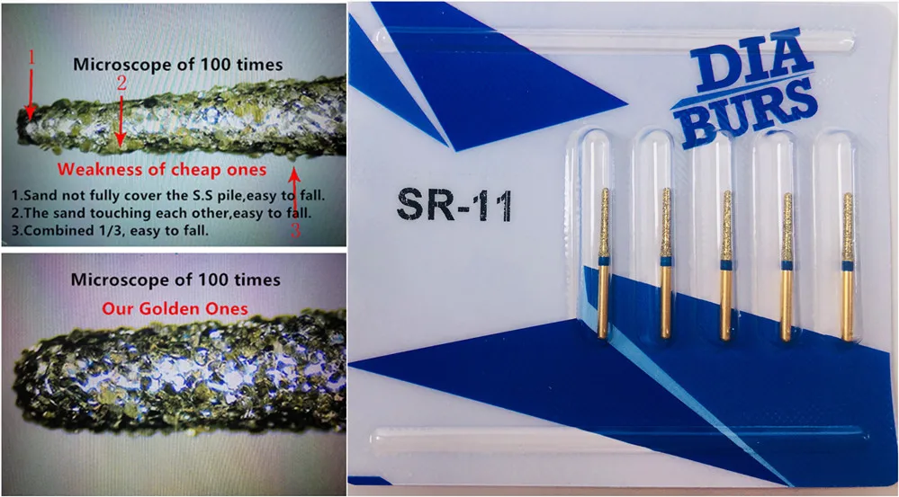 

SR-11 Dental Golden Diamond Burs High Speed Handpiece Round Column No Degree End Cutting Super Good Quality 5pis/Card