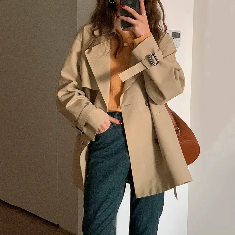 

Trench Women Solid A-Line Simple Harajuku Elegant Ladies All-match Notched Daily British Style New Arrival Loose Leisure Popular