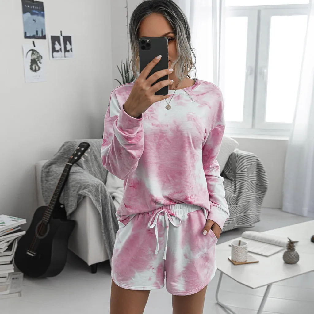 

Womail tracksuit Women 2020 Tie Dye Print Casual Long Sleeve Tshirt+Shorts Set Loose Tracksuits Harajuku 2 Pieces Outfits Street