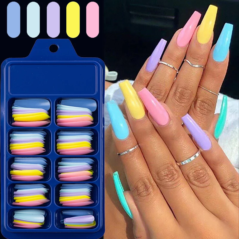 

100Pcs Colorful False Nail Full Cover Press on Long Ballerina Acrylic Nail Art Tips Manicure Tools White Pink Red Fake Nails