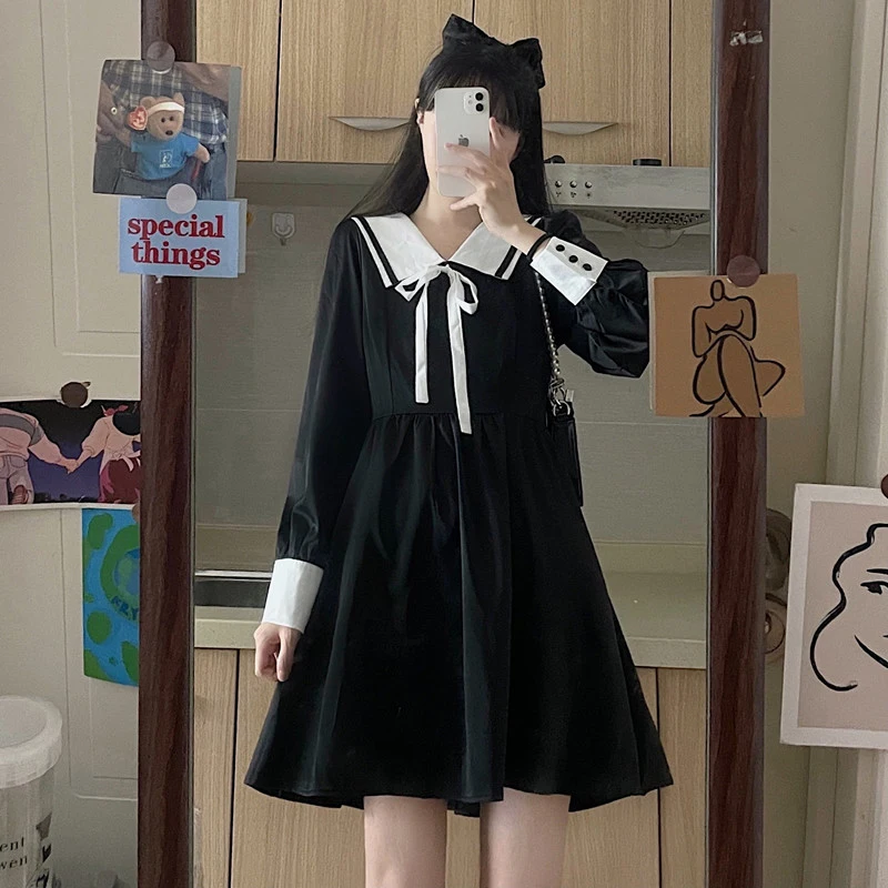 

Fall/winter new style 2021 student girl big boy design sense small navy collar waist thinner first love a-line dress female