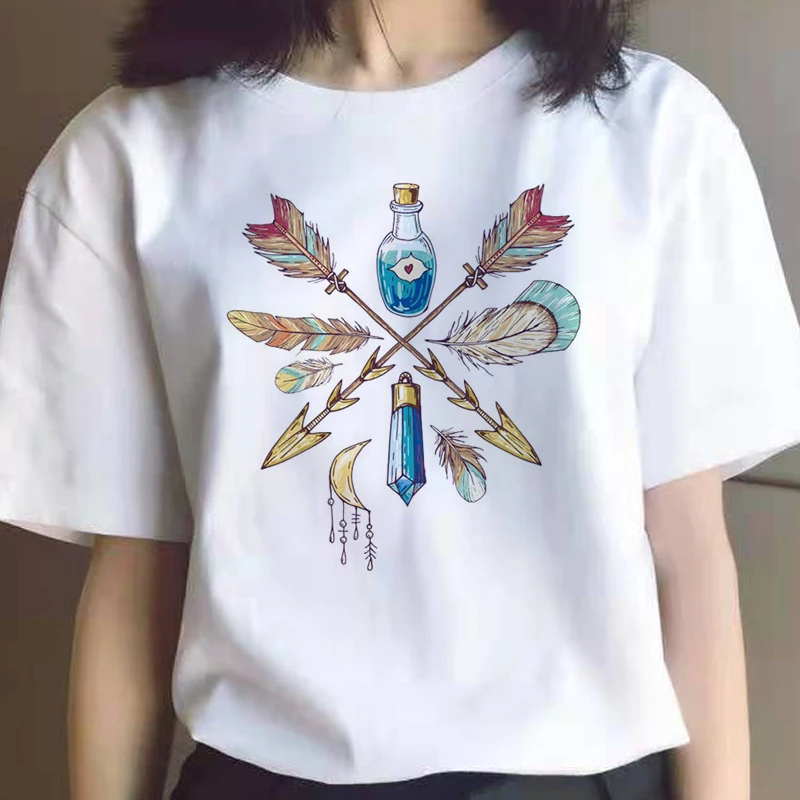 

ZOGANKIN Fashion Casual O-Neck Dames Tops Tee Summer White Feather Black T-shirt Women Harajuku Graphi Printed Tee Femme