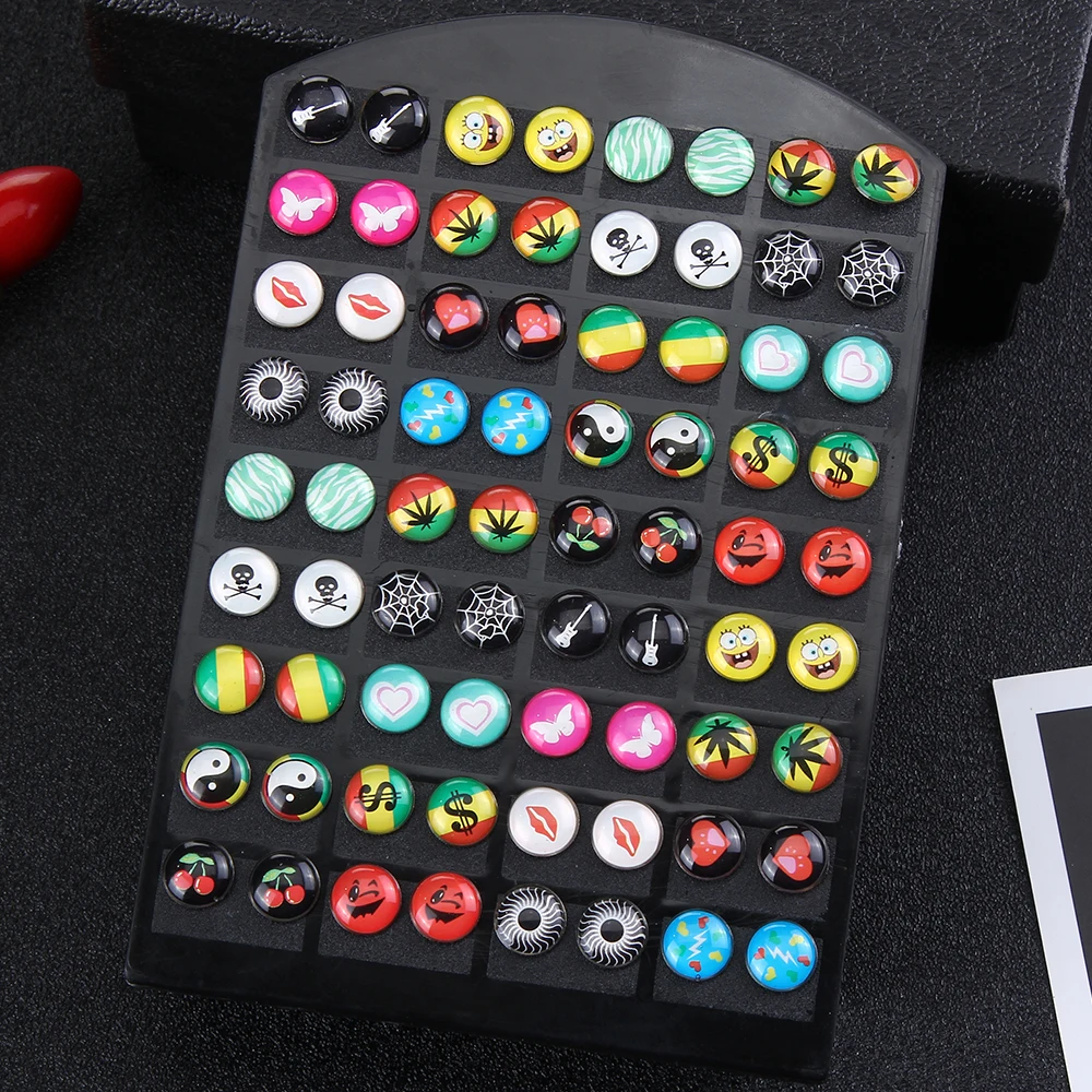 

36 Pairs/lot Women Glass Round Cute Stud Earrings Sets Girl Child Kids Butterfly Bee Violin Earring Jewelry Halloween Earrings