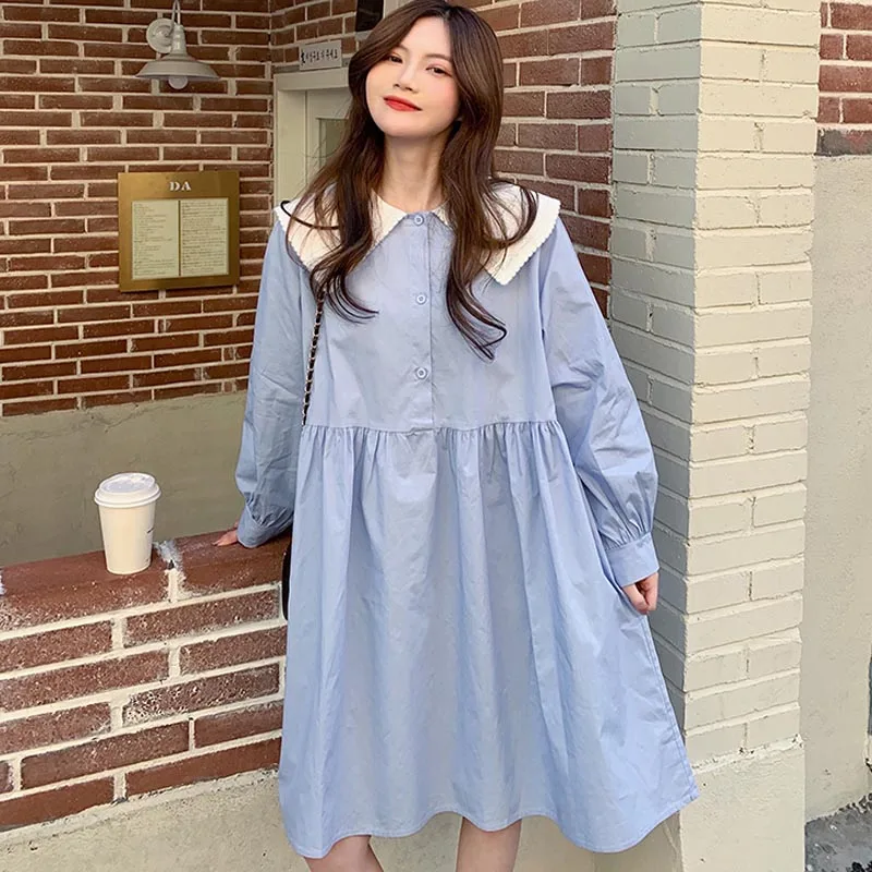 

One-Piece 2021 Korean Style Spring Autumn Women'S Dress Temperament Peten Pan Collar Loose Dress Girly Style Cute Sweet Dresses