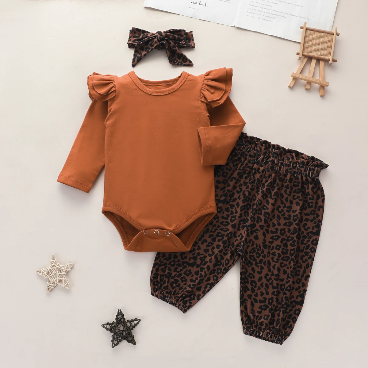 

Three Piece Baby Girls Clothes Solid Color or Letter Long Sleeve Jumpsuit and Leopard Long Pants with Headband 0-24M