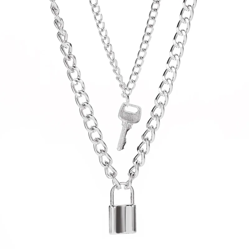 

Fashion metal exaggerated thick chain punk pendant layered women cuban link chain harajuku lock key hip hop jewelry accessories