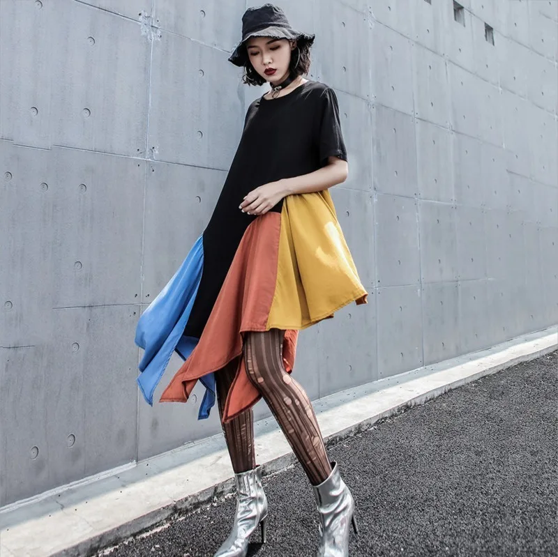 Женская Асимметричная одежда с круглым вырезом и короткими рукавами контрастные