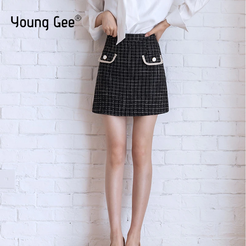 Женская твидовая мини юбка Young Gee короткая офисная для работы с высокой талией