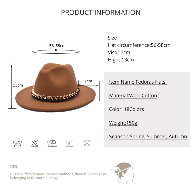 New Fashion Fedoras Hats Women Wool Chain Wide Brim Jazz Hat Vintage Panama Cowboy Hat Men Black Caps Dropshipping F111