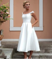 short wedding dresses satin knee length with crystal beading bridal gowns with pocket elegant simple scalloped cap sleeves 2021