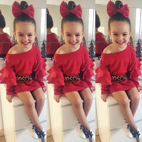 2020 Toddler Kids Baby Girls Summer Autumn Fashion Cassual Ruffle Off Shoulder Long Sleeve Red Cotton Short Dress Clothes | Детская