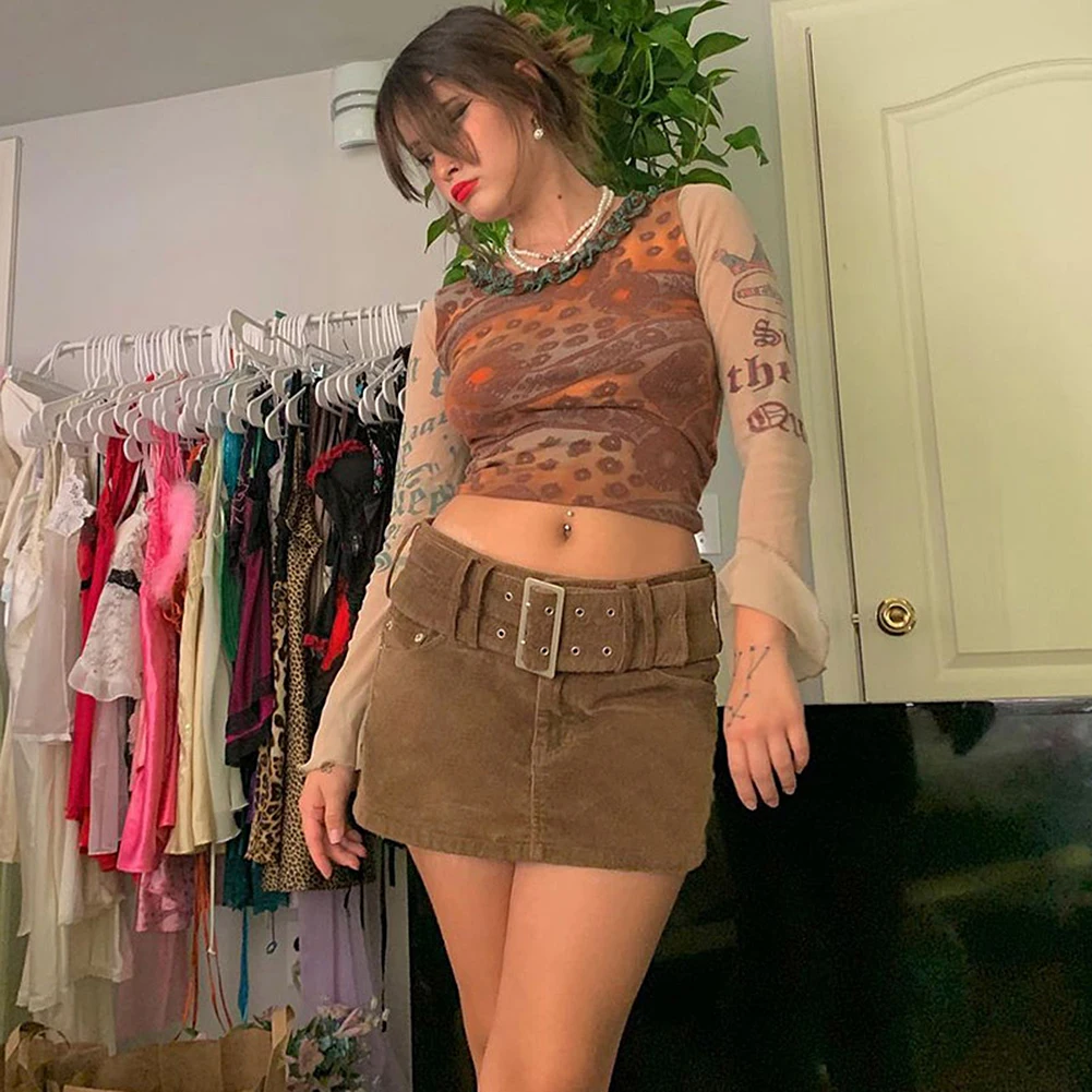 

Brown Low Rise Corduroy Skirts Women Y2k Vintage With Belt A-line Skirt Fall Short Emo Bottoms 90s Indie Aesthetics Streetwear