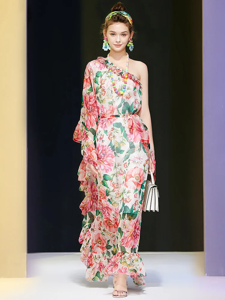 

2021 Summer New Fashion Style Butterfly Sleeve Leaf Lace One-shoulder Printed Loose Party Evening Dress for Women