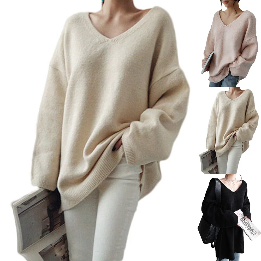 

Womens Long Sleeve V Neck Sweater Ladies Baggy Casual Loose Knitted Jumper Solid Color Pullover Tops