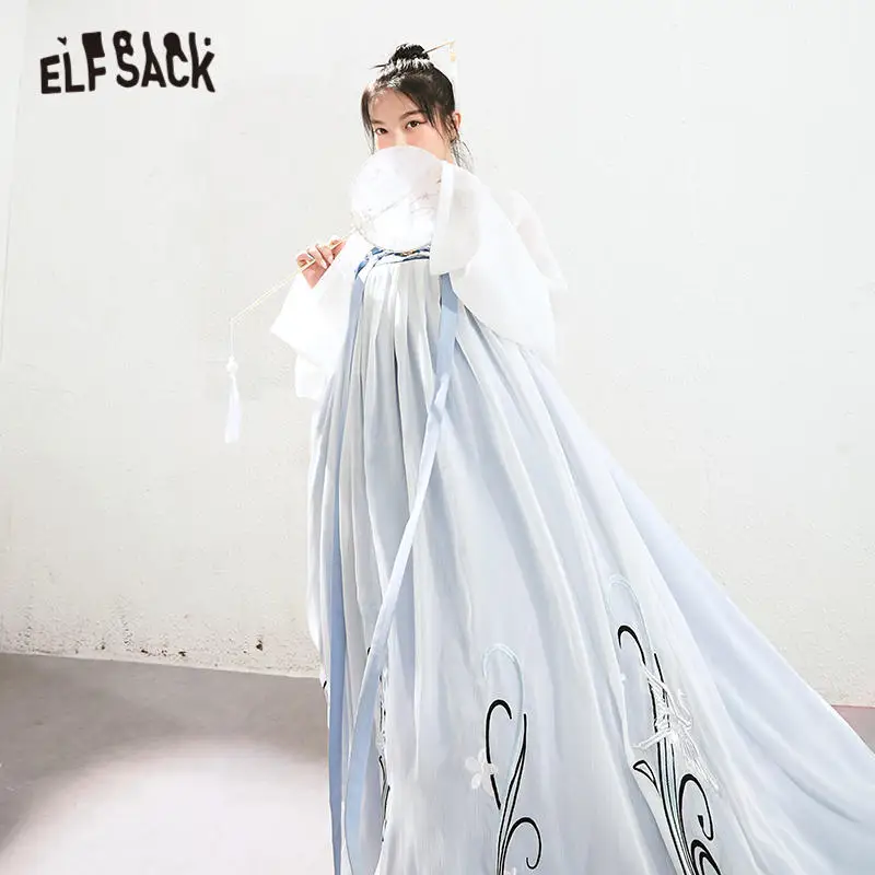 Женское винтажное платье ELFSACK голубое однотонное с цветочной вышивкой в