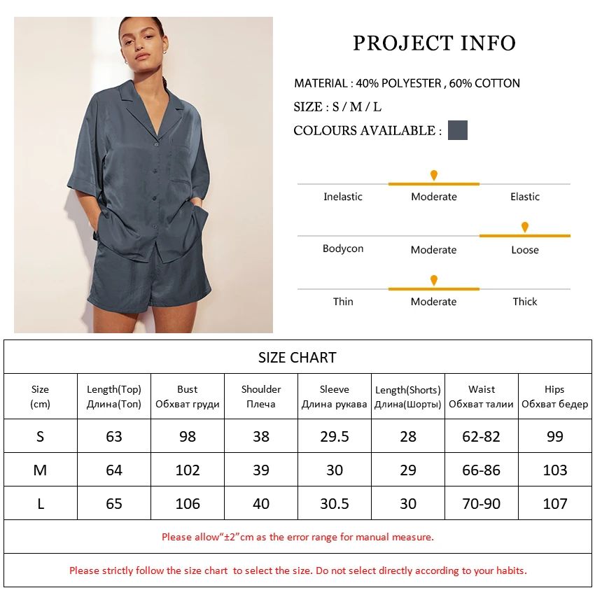 

HECHAN Blue Female Sleepwear Turn Down Collar Short Sleeve Tops Pocket 2 Piece Set Solid Shorts Loose Home Wear Casual Suit Sets