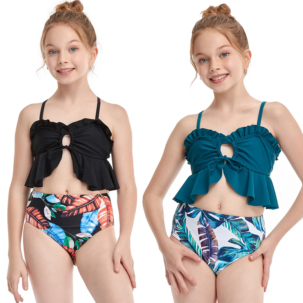 

Two Pieces Girls Swimsuits Ruffle Monokini Kids Bathing Suits New Solid Color Camisole Bikini Set Swimwear for Girl Beachwear